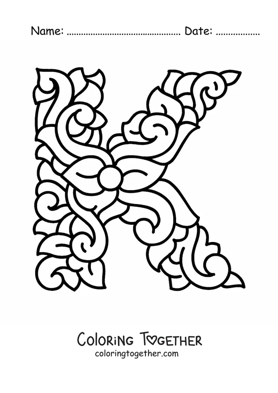 Coloring page of the decorated capital letter k