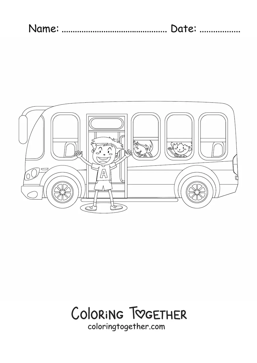 Coloring page of cartoon students on a school bus