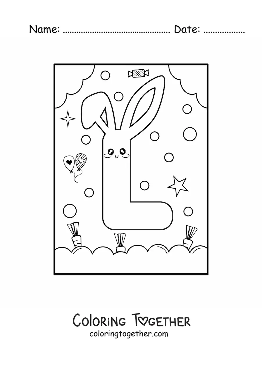 Coloring page of the letter L shaped like an animated kawaii rabbit