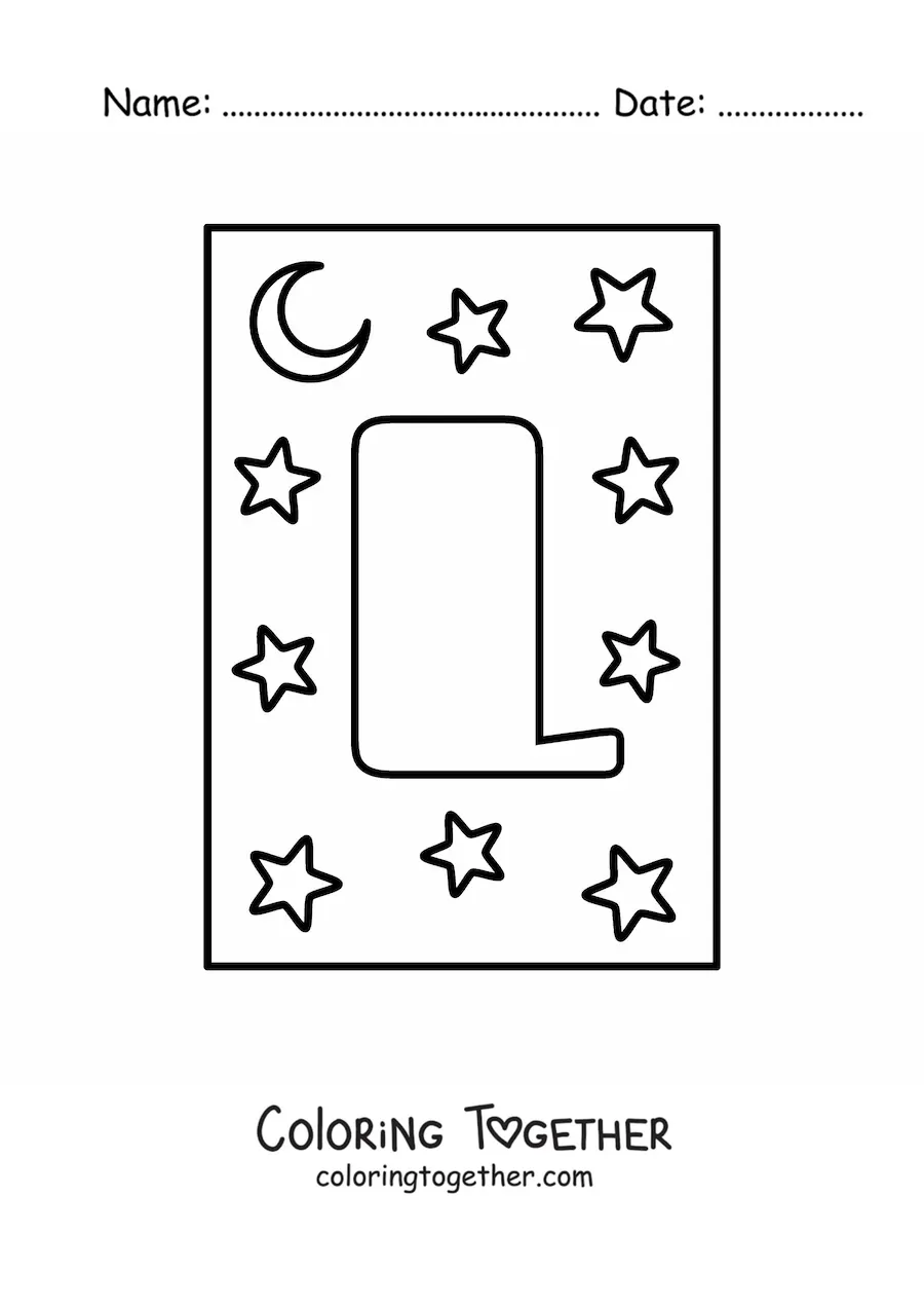 Coloring page of a capital letter L with stars and a moon