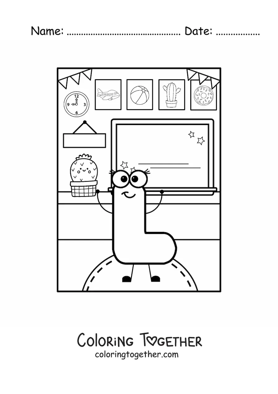 Coloring page of the animated letter L at school