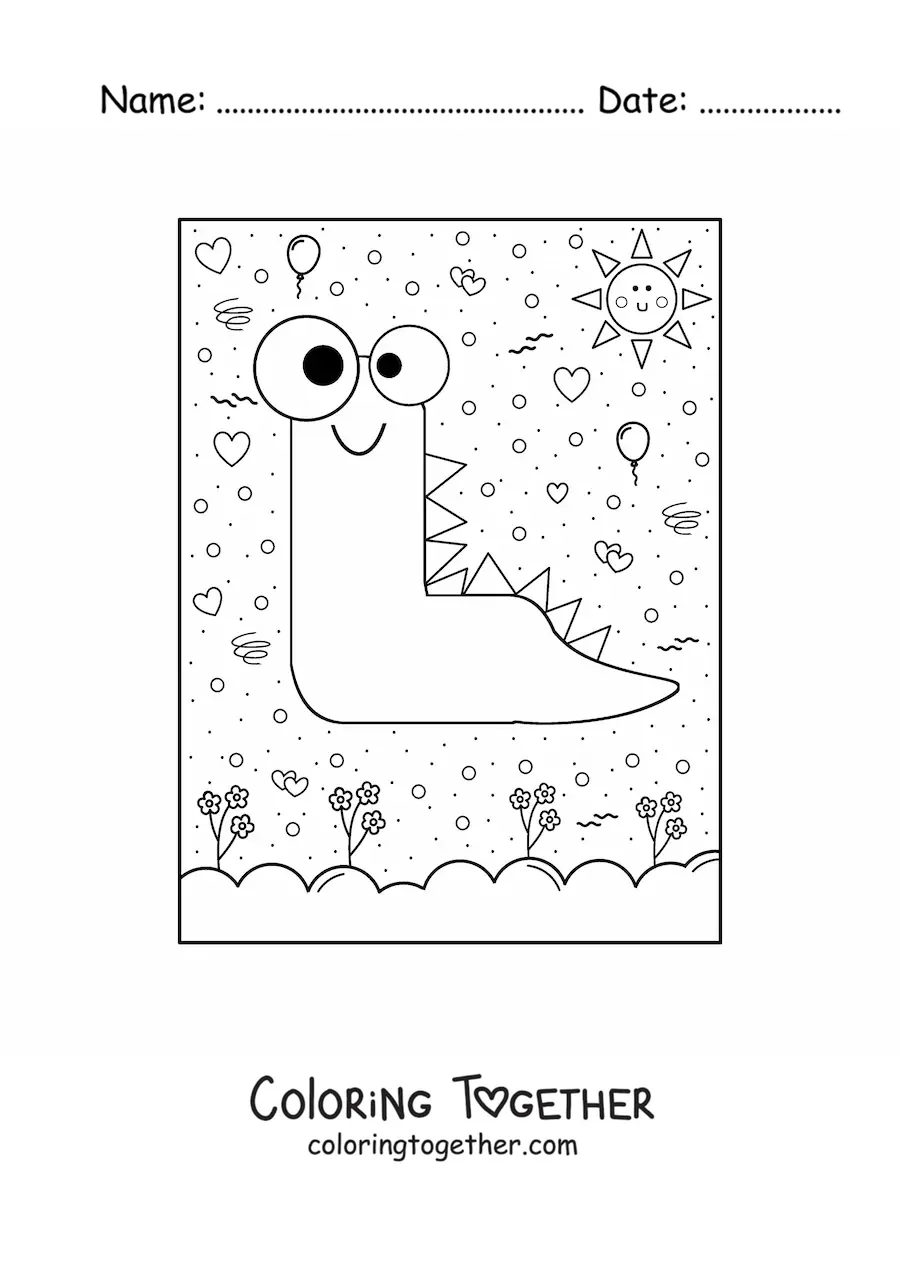 Coloring page of the animated letter L shaped like a cartoon monster