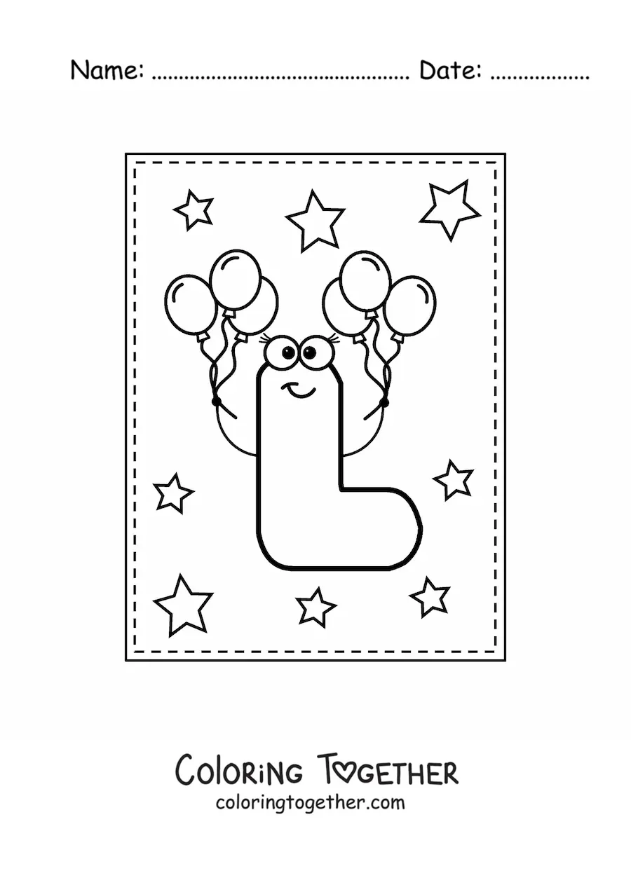 Coloring page of the animated capital letter L with balloons