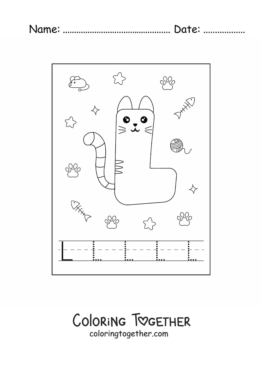 Coloring page of the animated letter L shaped like a cat