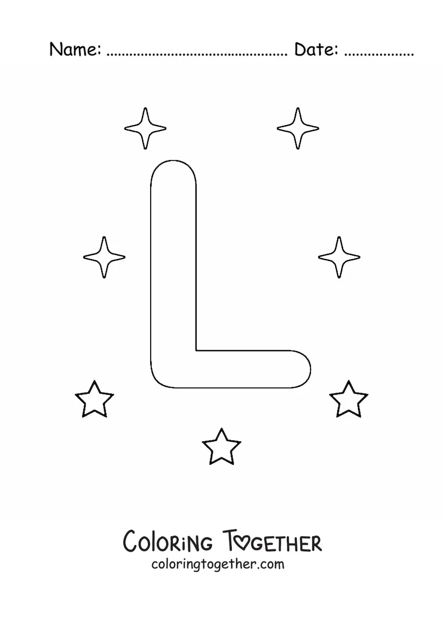 Coloring page of a capital letter L with stars