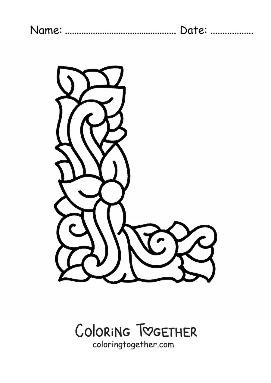 Coloring page of a decorated capital letter L