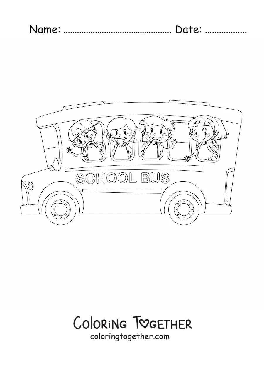Coloring page of four students waving from the windows of a school bus