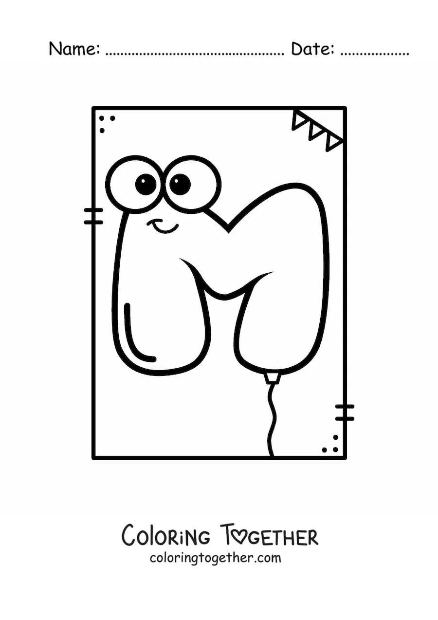 Coloring page of the animated letter M shaped like a balloon