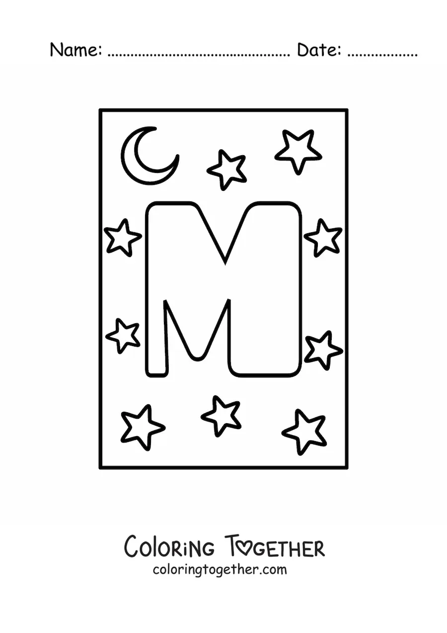 Coloring page of an uppercase letter M with stars and a moon