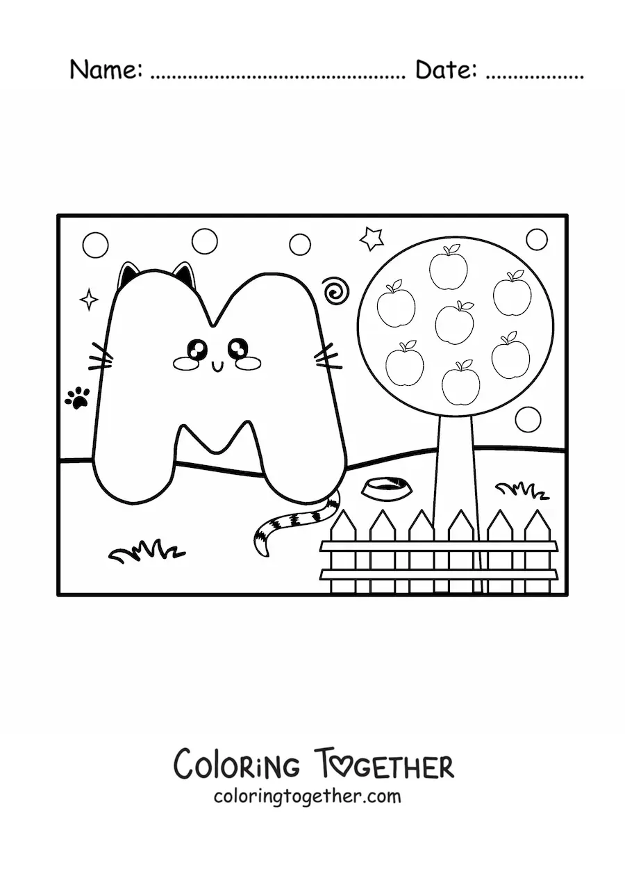 Coloring page of the animated letter M shaped like a cat in the park