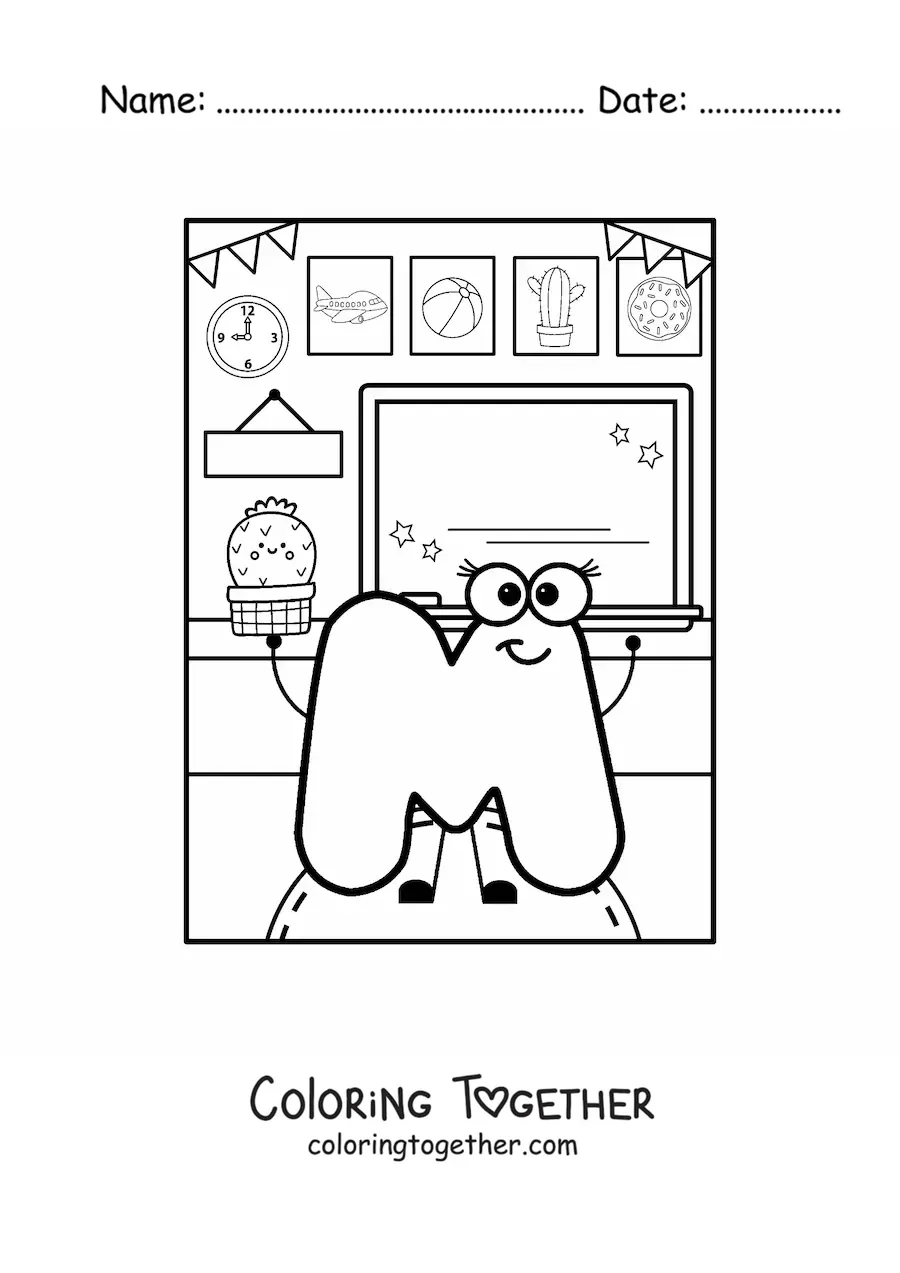 Coloring page of the animated letter M at school