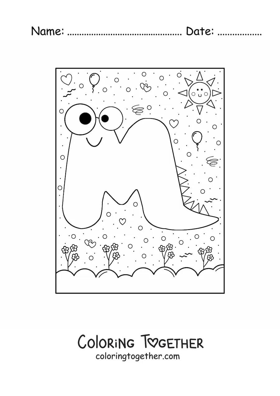Coloring page of the animated letter M shaped like a cartoon monster