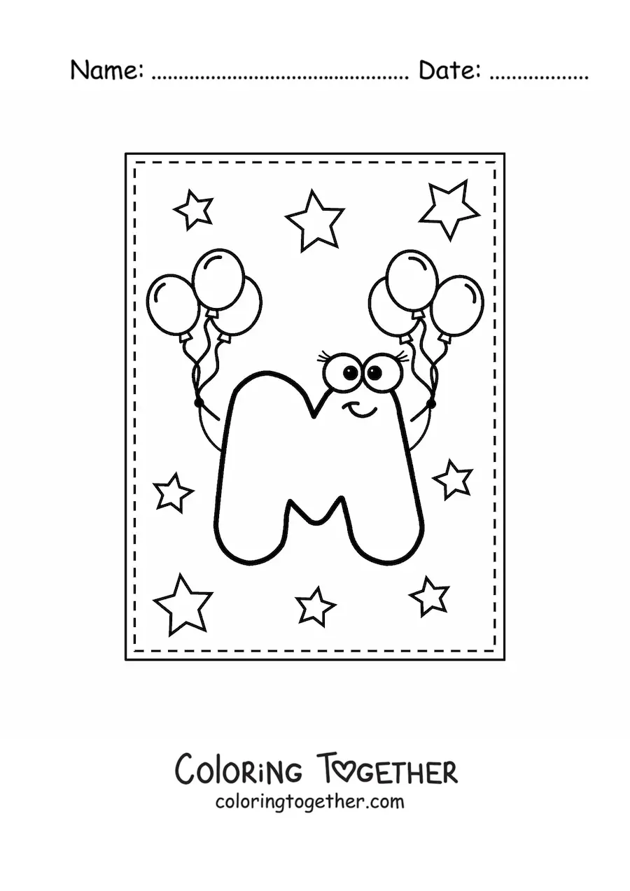 Coloring page of the animated uppercase letter M with balloons