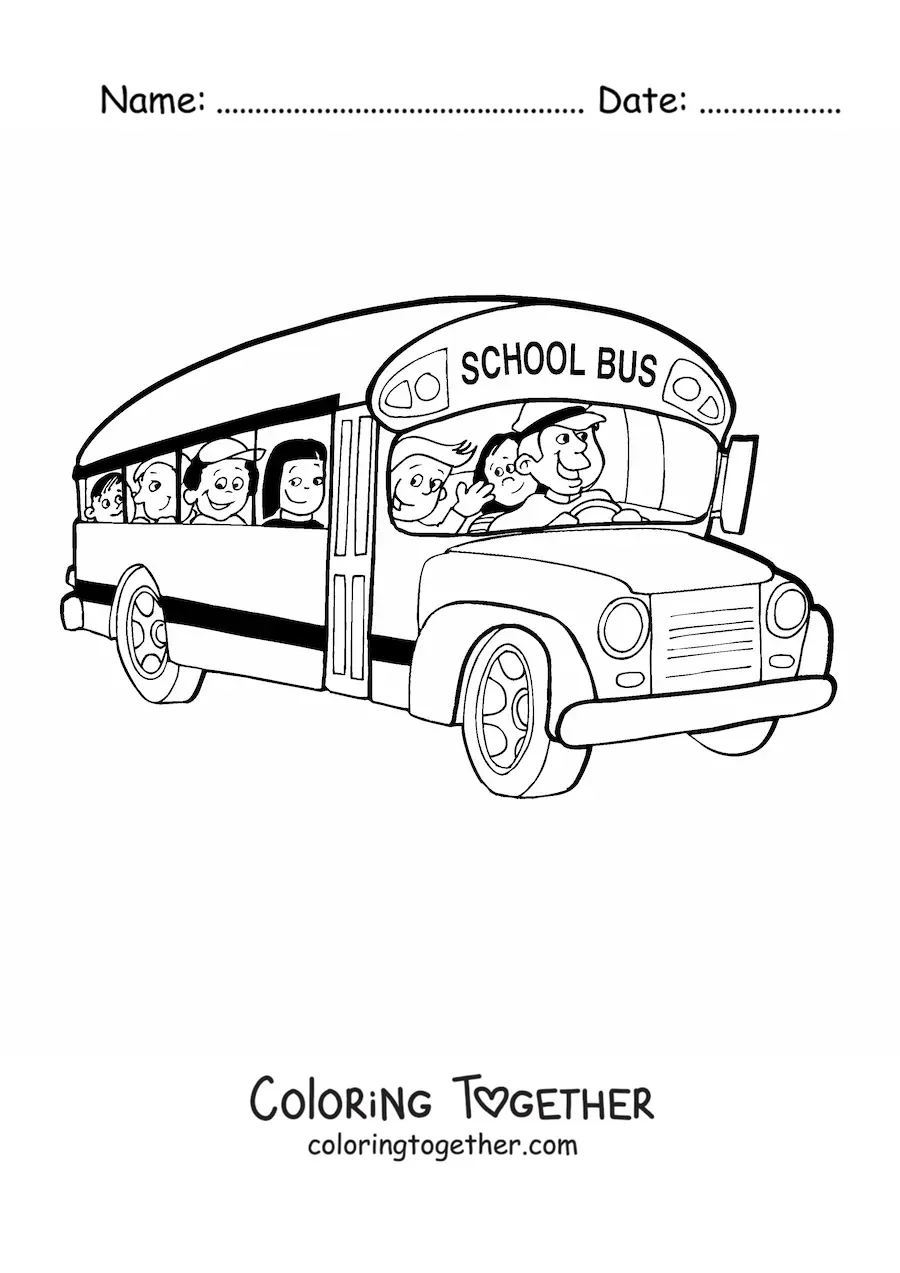 Coloring page of a school bus with a driver and students