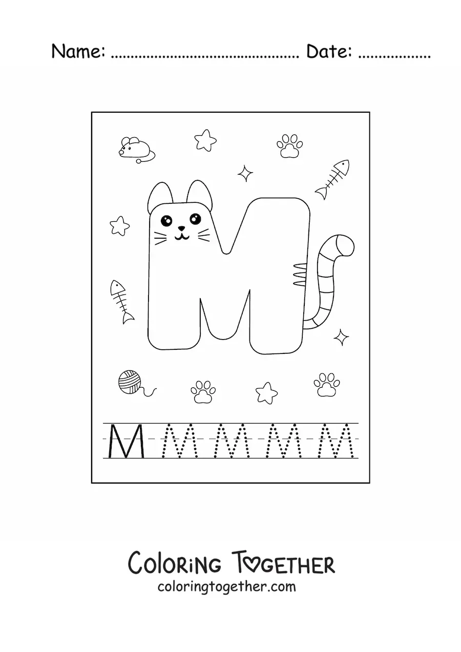 Coloring page of the animated letter M shaped like a cat