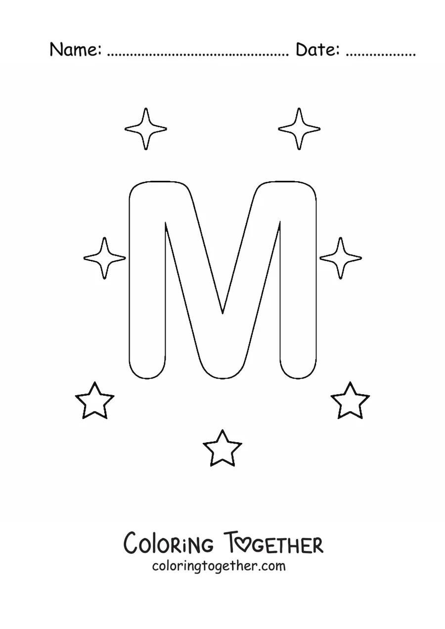 Coloring page of an uppercase letter M with stars