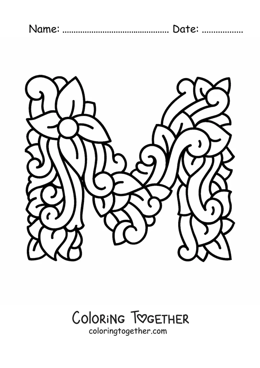 Coloring page of a decorated uppercase letter M