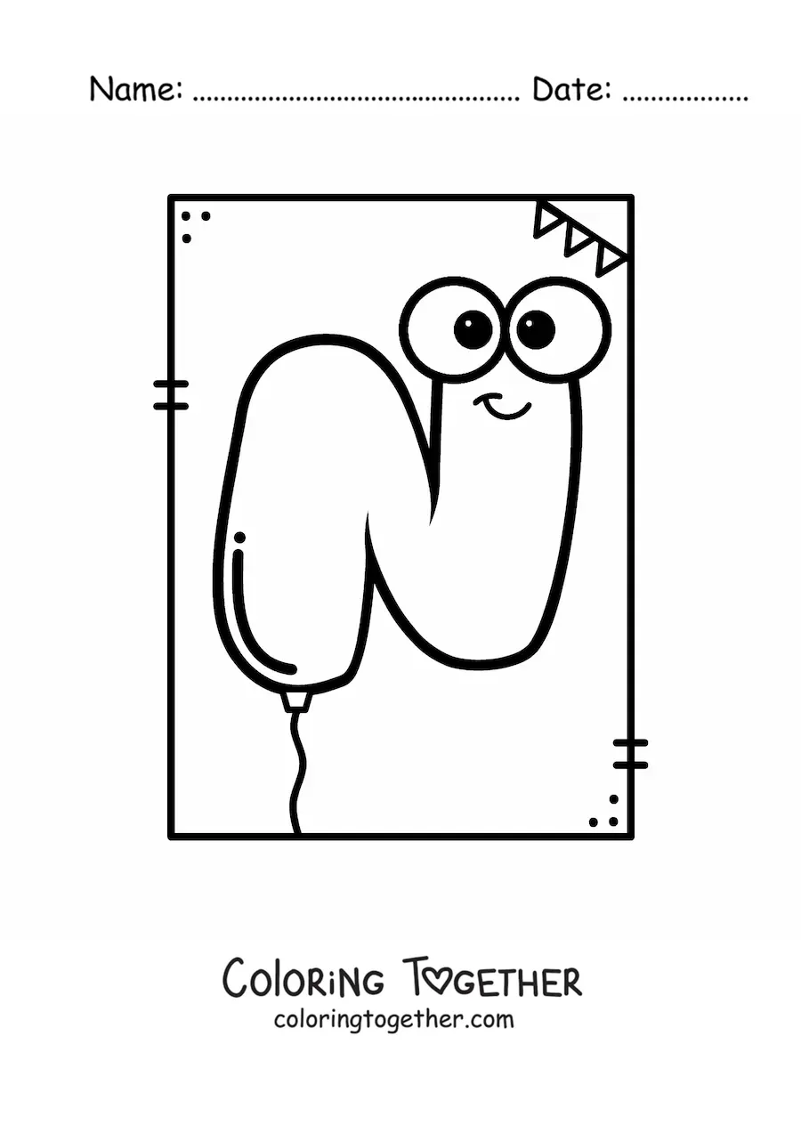 Coloring page of the animated letter N shaped like a balloon