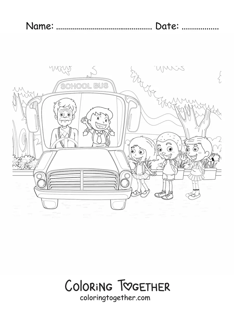 Coloring page of several students boarding the school bus