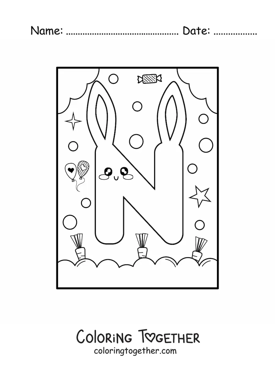 Coloring page of the letter N shaped like an animated kawaii rabbit