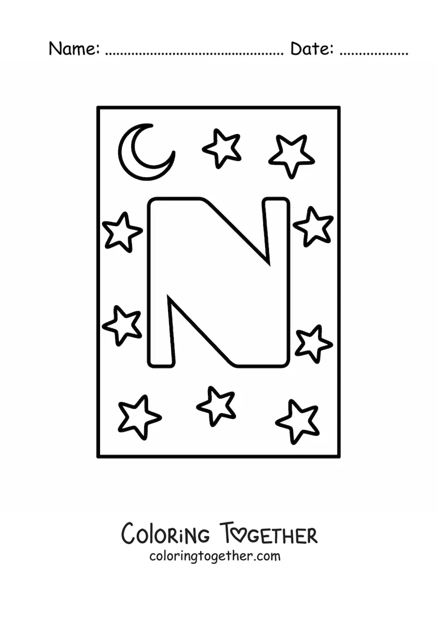 Coloring page of an uppercase letter N with stars and a moon