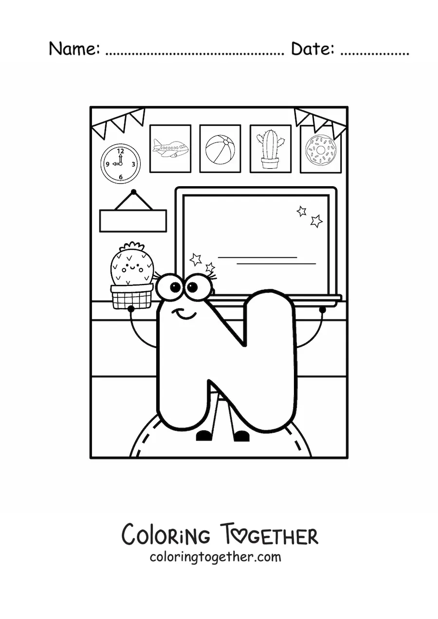 Coloring page of the animated letter N at school