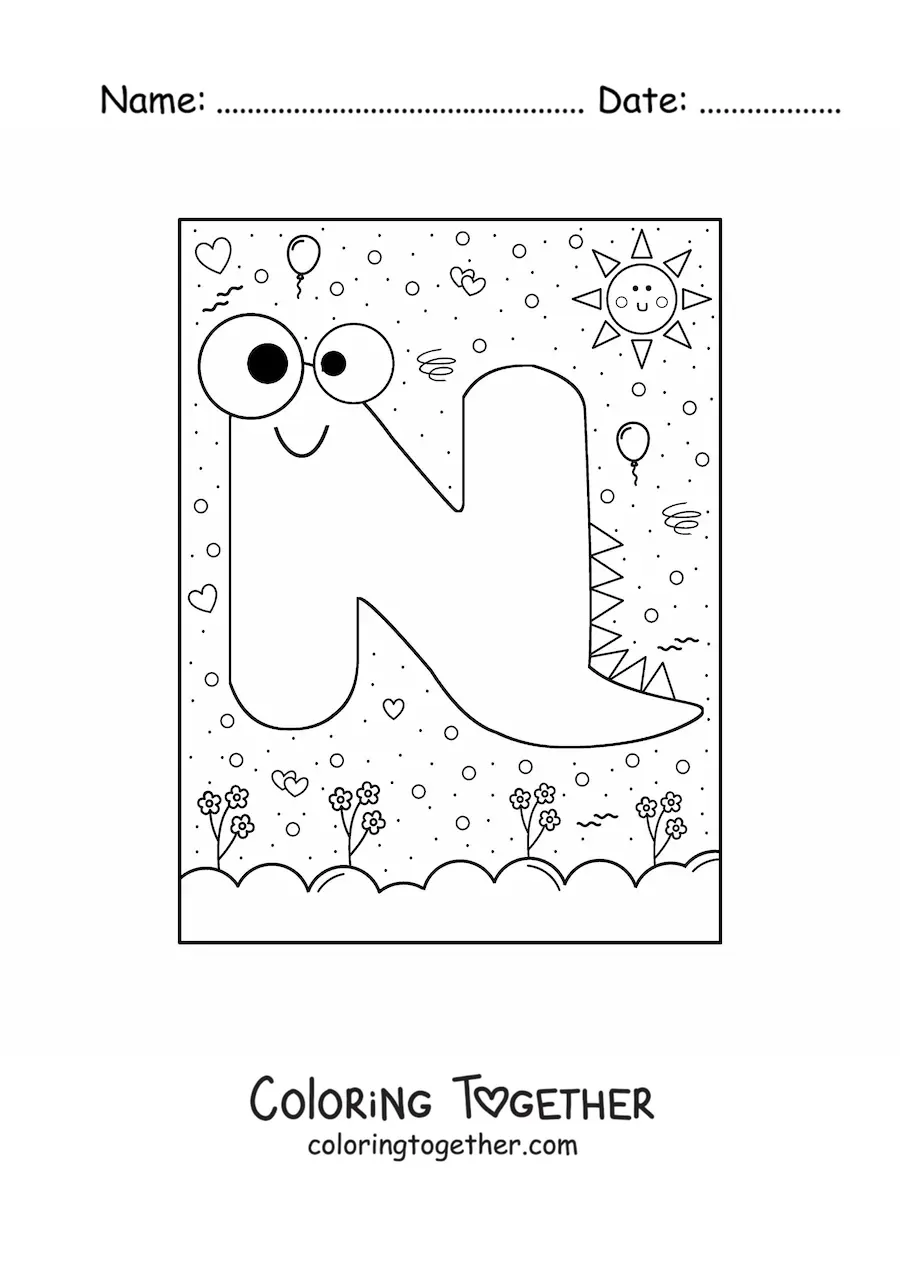 Coloring page of the animated letter N shaped like a cartoon monster