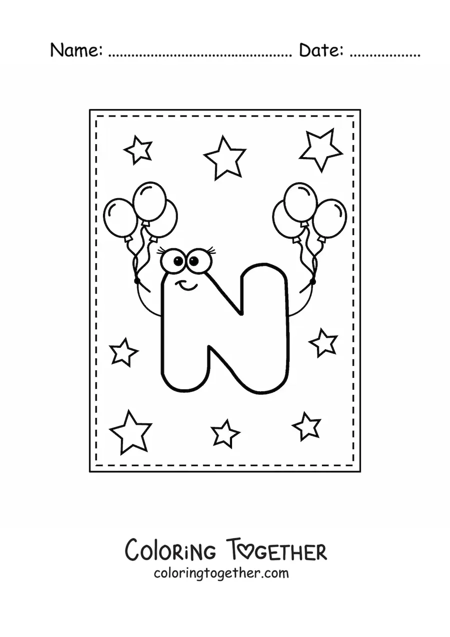 Coloring page of the animated uppercase letter N with balloons