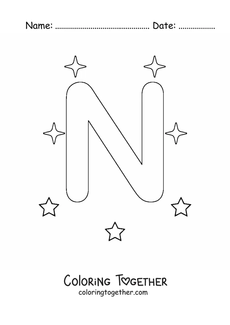 Coloring page of an uppercase letter N with stars