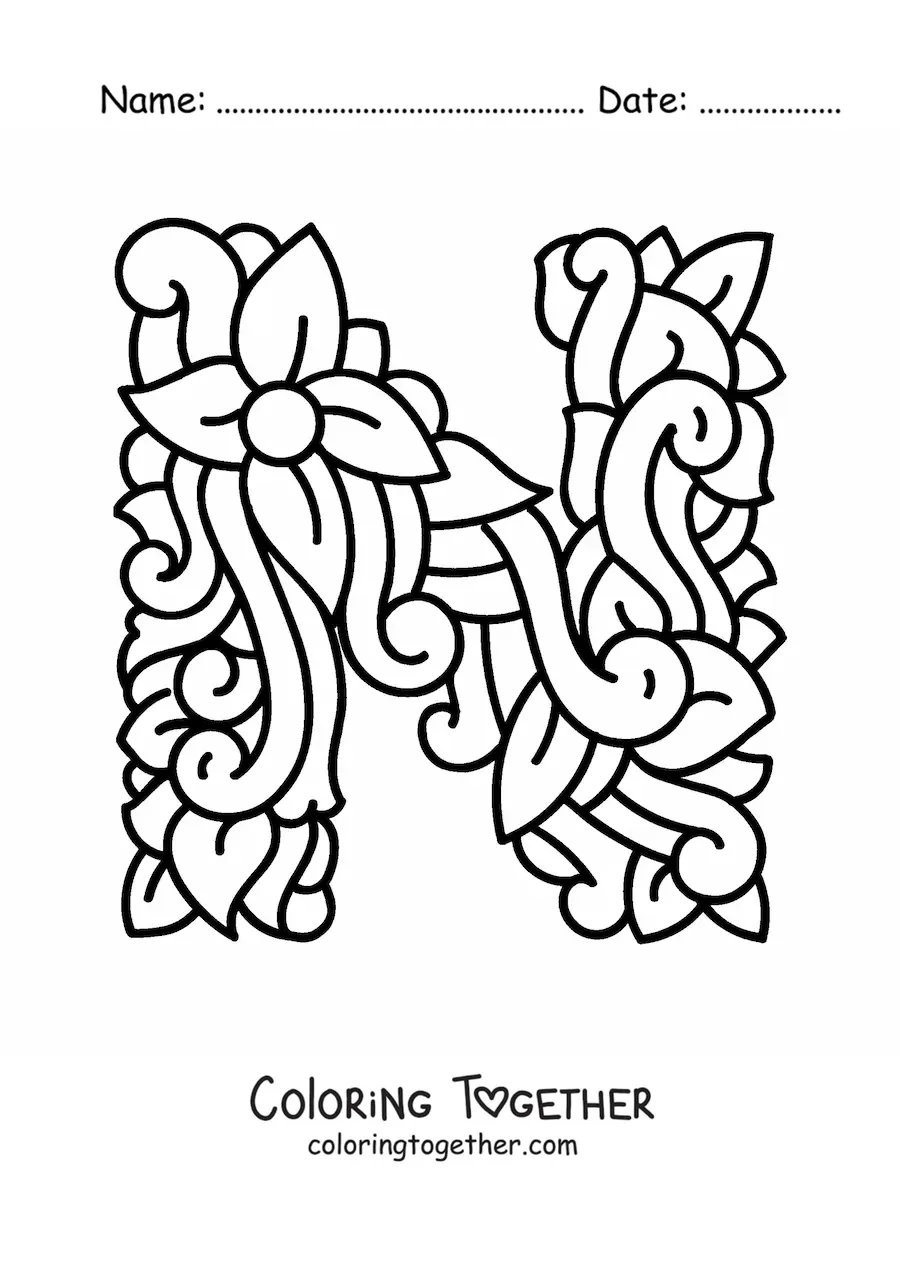 Coloring page of a decorated uppercase letter N