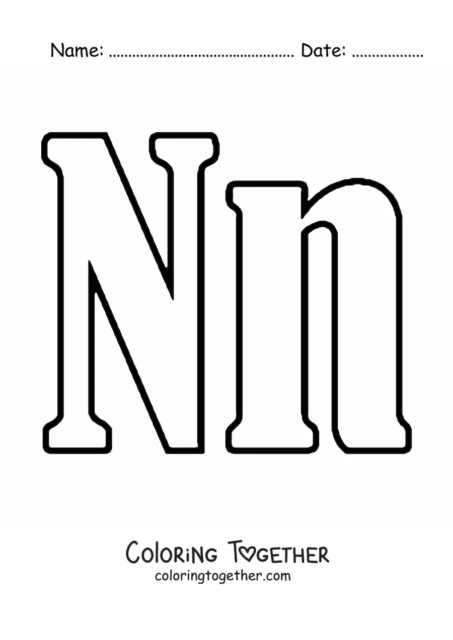 Coloring page of a large uppercase and lowercase letter N