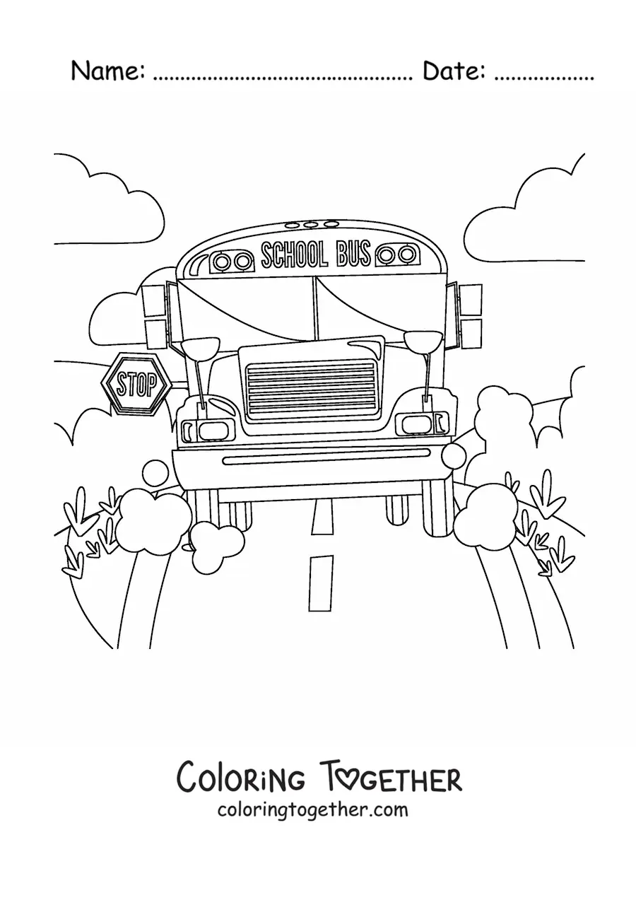 Coloring page of the front view of a school bus