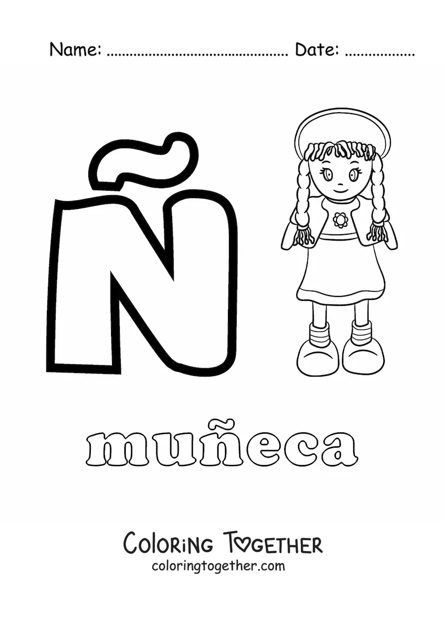 Coloring page of N is for muneca (doll)