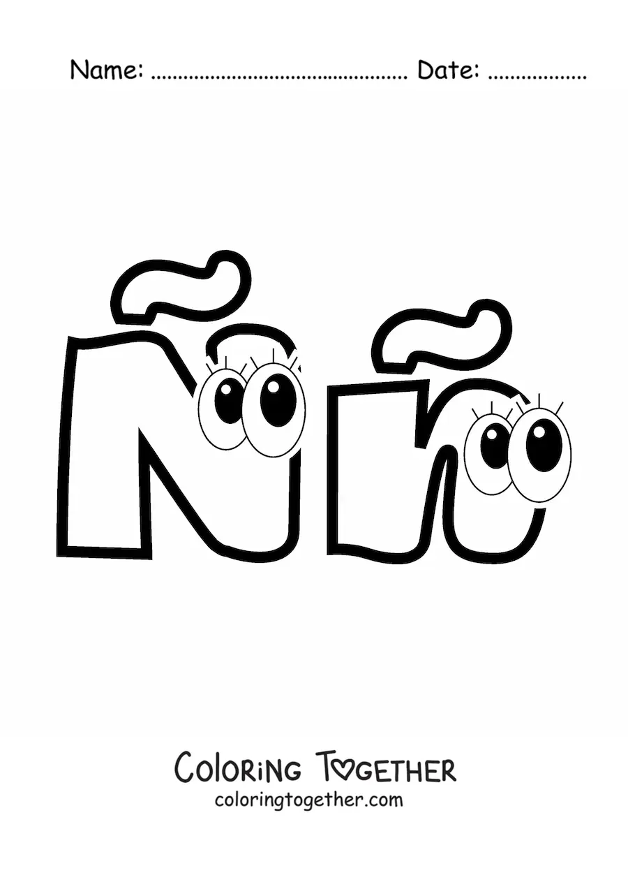 Coloring page of an animated uppercase and lowercase letter N with a tilde