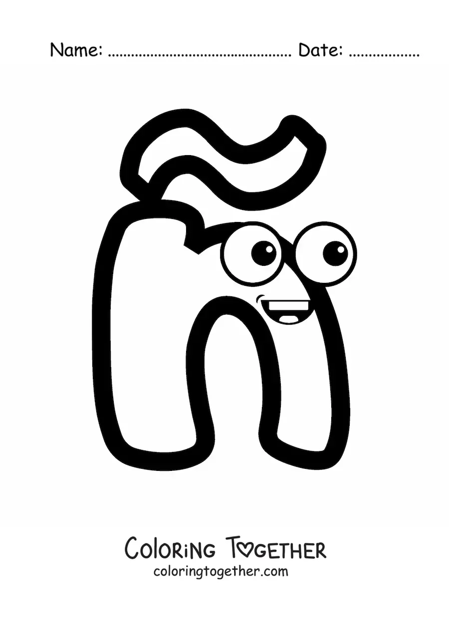 Coloring page of an animated lowercase letter n with a tilde
