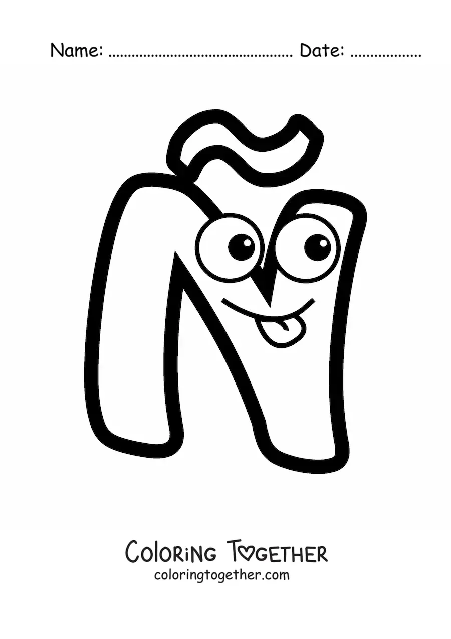 Coloring page of an animated uppercase letter N with a tilde