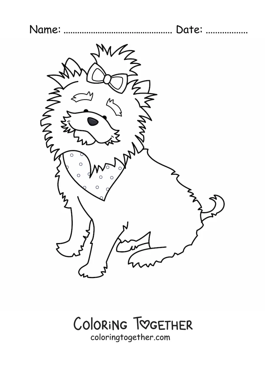 Coloring page of a Yorkshire terrier sitting and wearing a bandana and a bow
