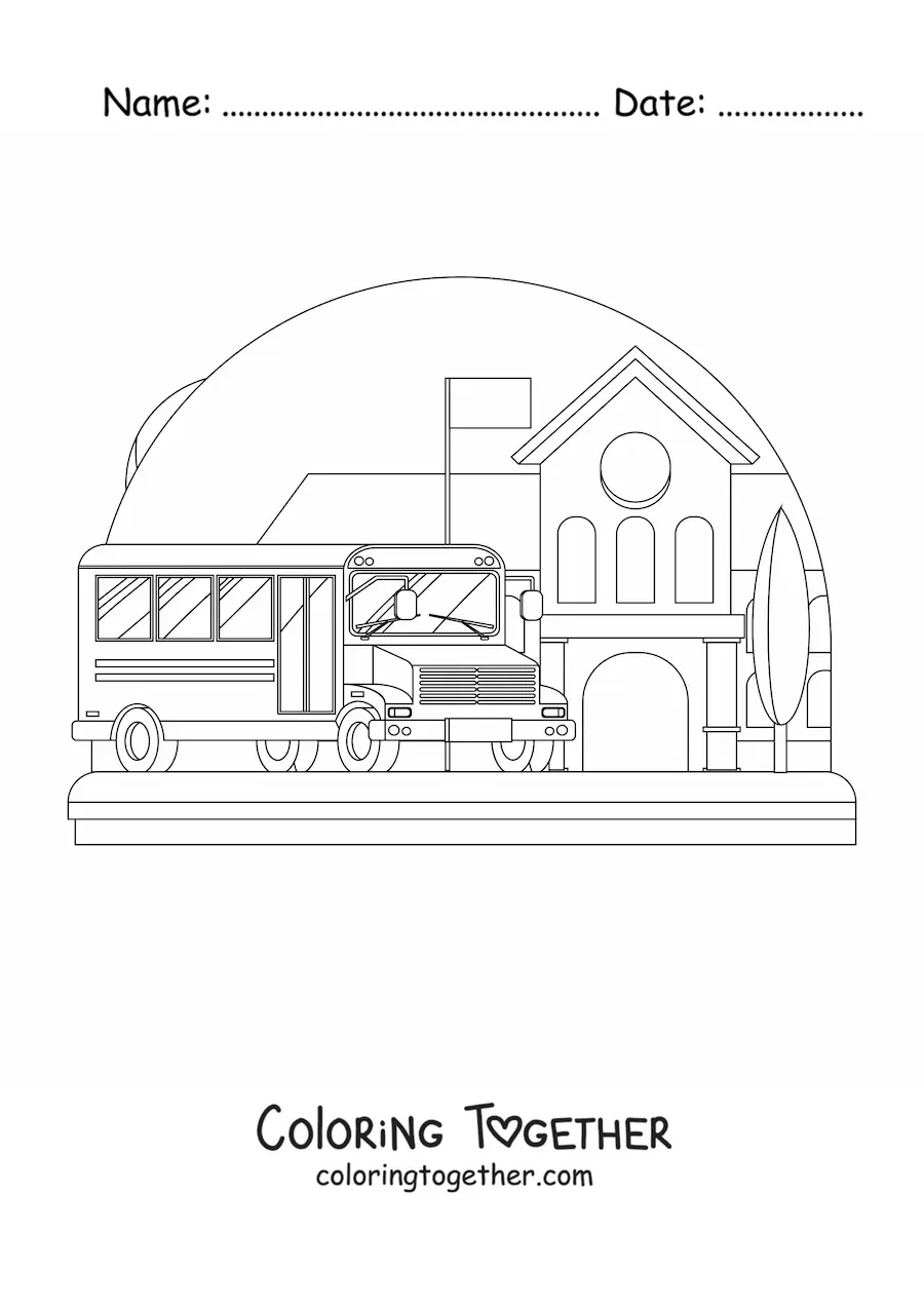 Coloring page of a school bus at school