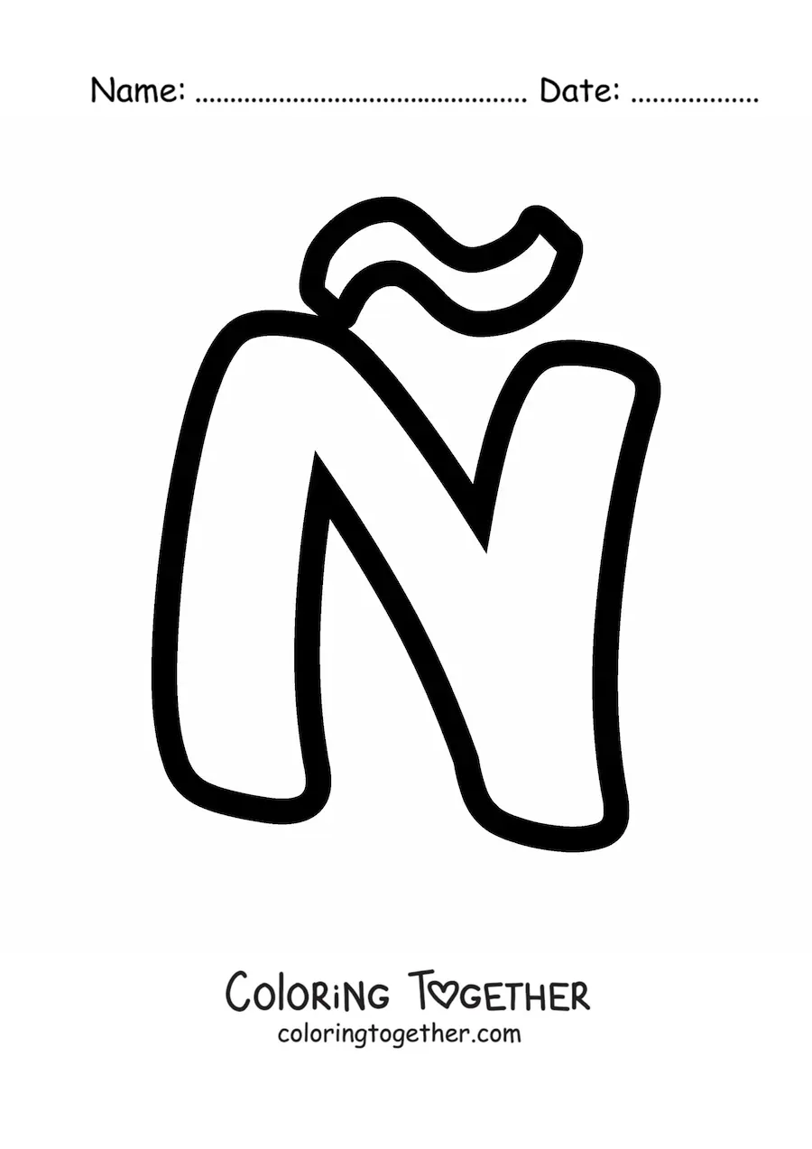 Coloring page of a large uppercase letter N with a tilde