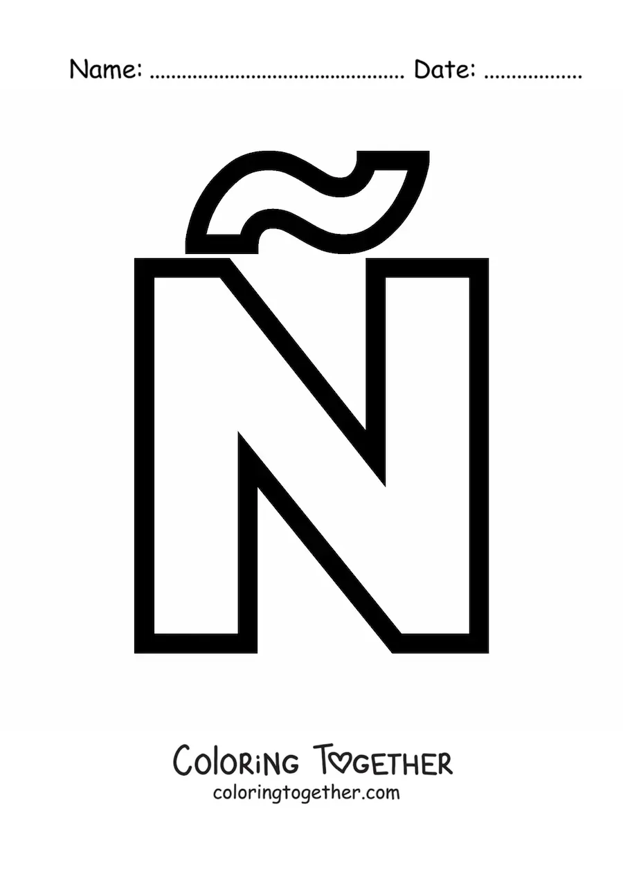 Coloring page of an easy uppercase letter N with a tilde