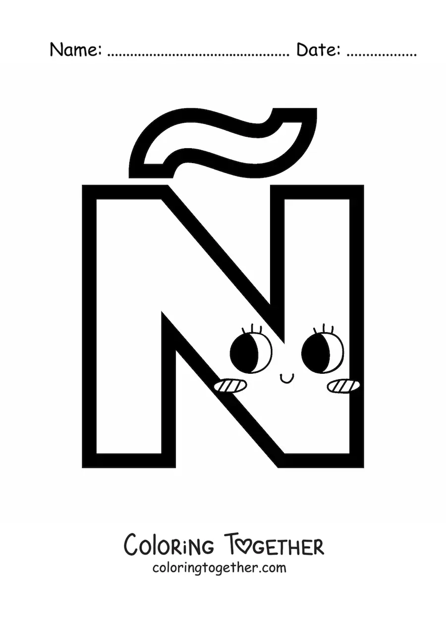 Coloring page of an animated kawaii uppercase letter N with a tilde