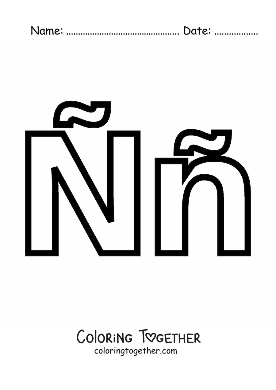 Coloring page of the easy uppercase and lowercase letter N with a tilde