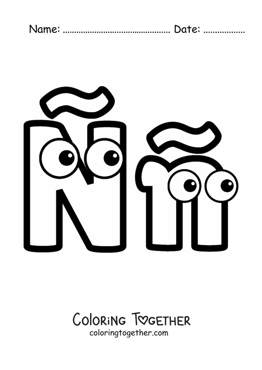 Coloring page of the cartoon uppercase and lowercase letter N with a tilde