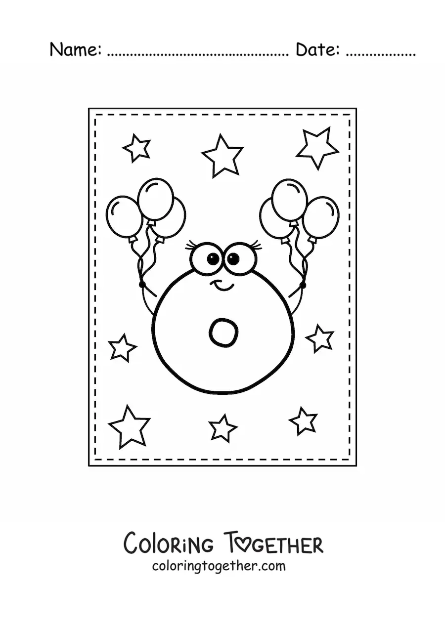 Coloring page of the animated uppercase letter O with balloons