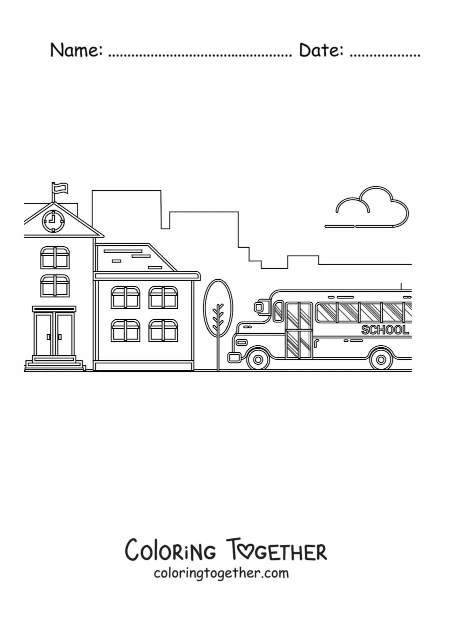 Coloring page of a school bus parked next to a school