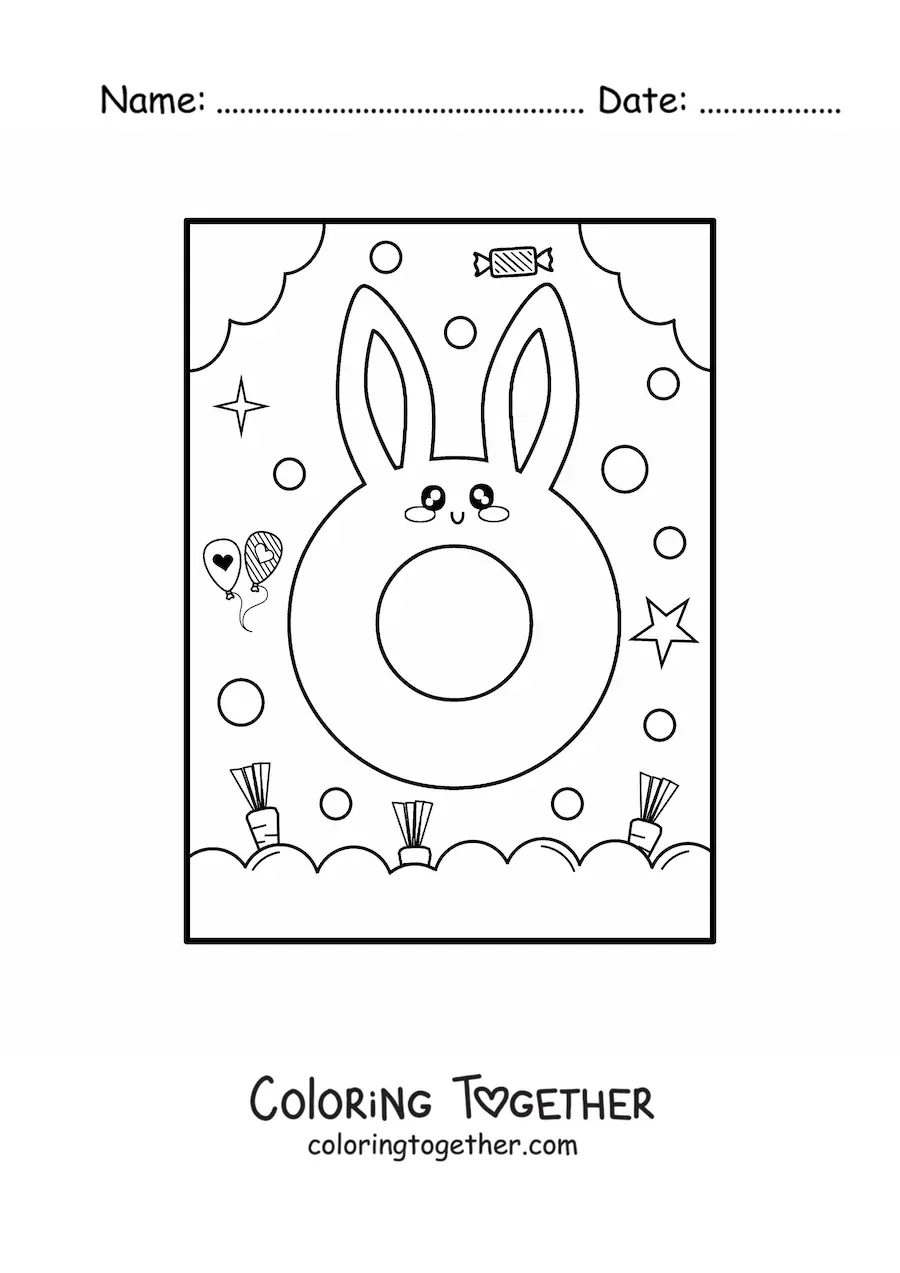 Coloring page of the letter O shaped like an animated kawaii rabbit