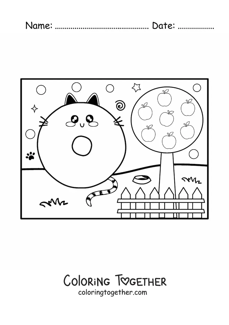 Coloring page of the animated letter O shaped like a cat in the park