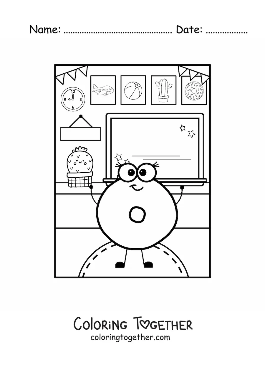 Coloring page of the animated letter O at school
