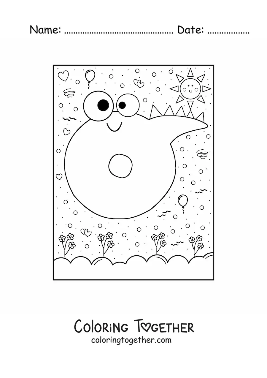 Coloring page of the animated letter O shaped like a cartoon monster