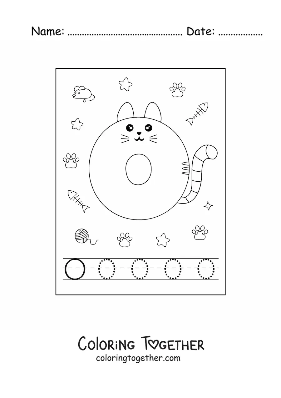 Coloring page of the animated letter O shaped like a cat